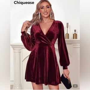 SHEIN Burgundy Velvet Long Sleeve Wrap Mini Dress